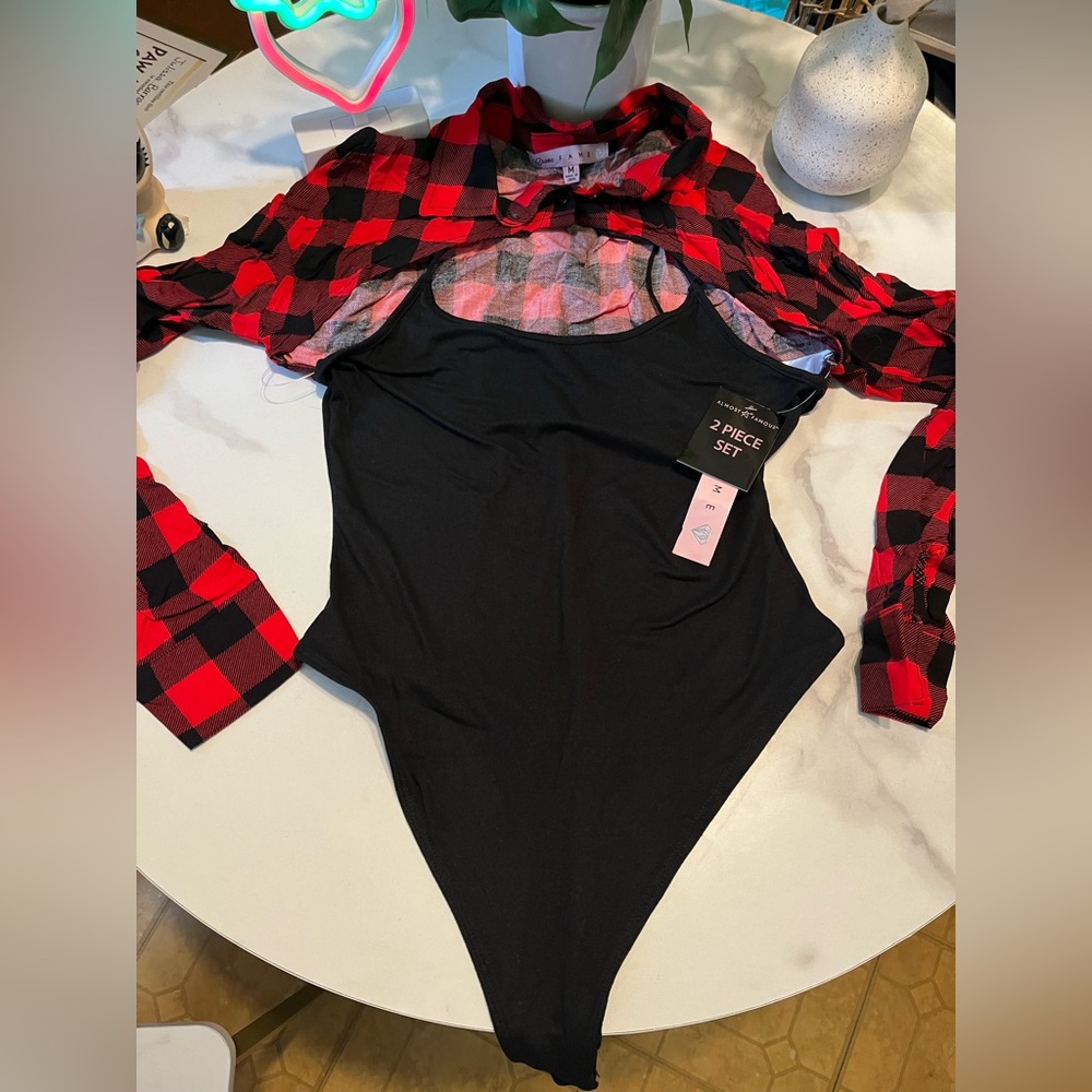 Rave Fame Red and Black Plaid Shirt with Black Bodysuit sz M - Picture 4 of 6